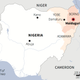 A map of Nigeria showing the emergency imposed region in the northeast in 2013.
